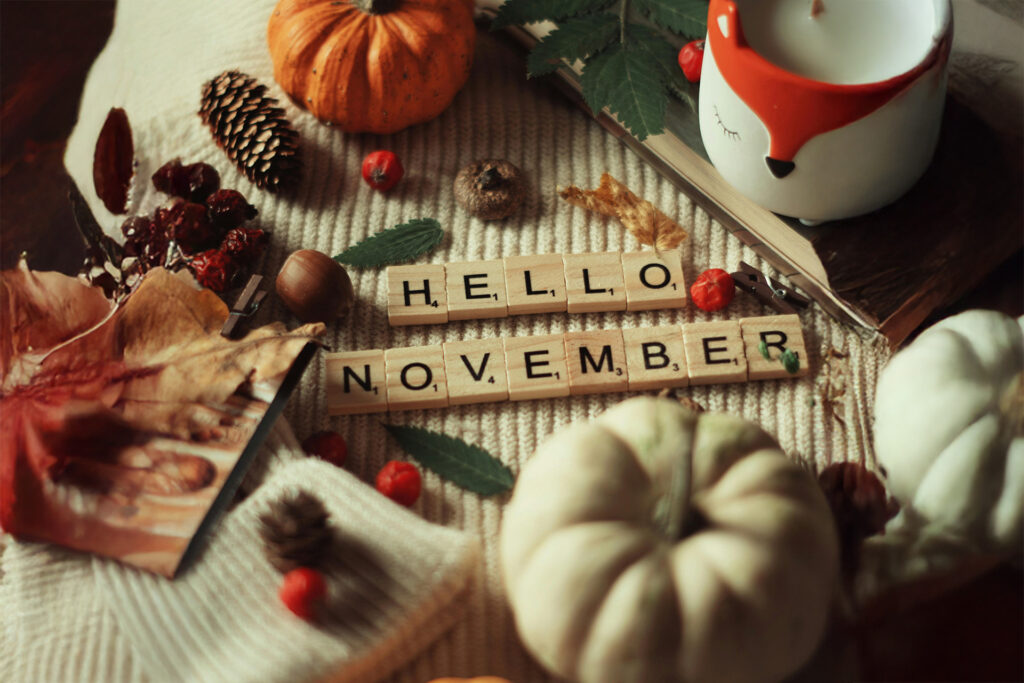 Naturterapeut, naturarbejder, shaman og healer Jeanne Jensen fra Naturlig Viis arbejder i november med stilhed. Et efterårsbillede med græskar, kogler, blade og lys