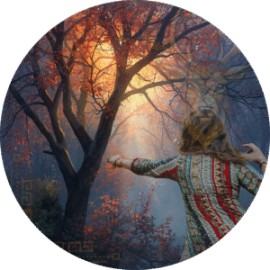 Naturterapeut, naturarbejder, shaman og healer Jeanne Jensen fra Naturlig Viis danser i skoven hvor solen lyser gennem en trækrone