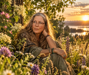 Kvinde omgivet af sommerens blomster og gyldne junilys – naturens fylde og livskraft.