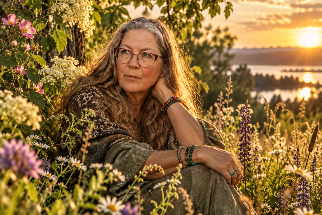 Kvinde omgivet af sommerens blomster og gyldne junilys – naturens fylde og livskraft.