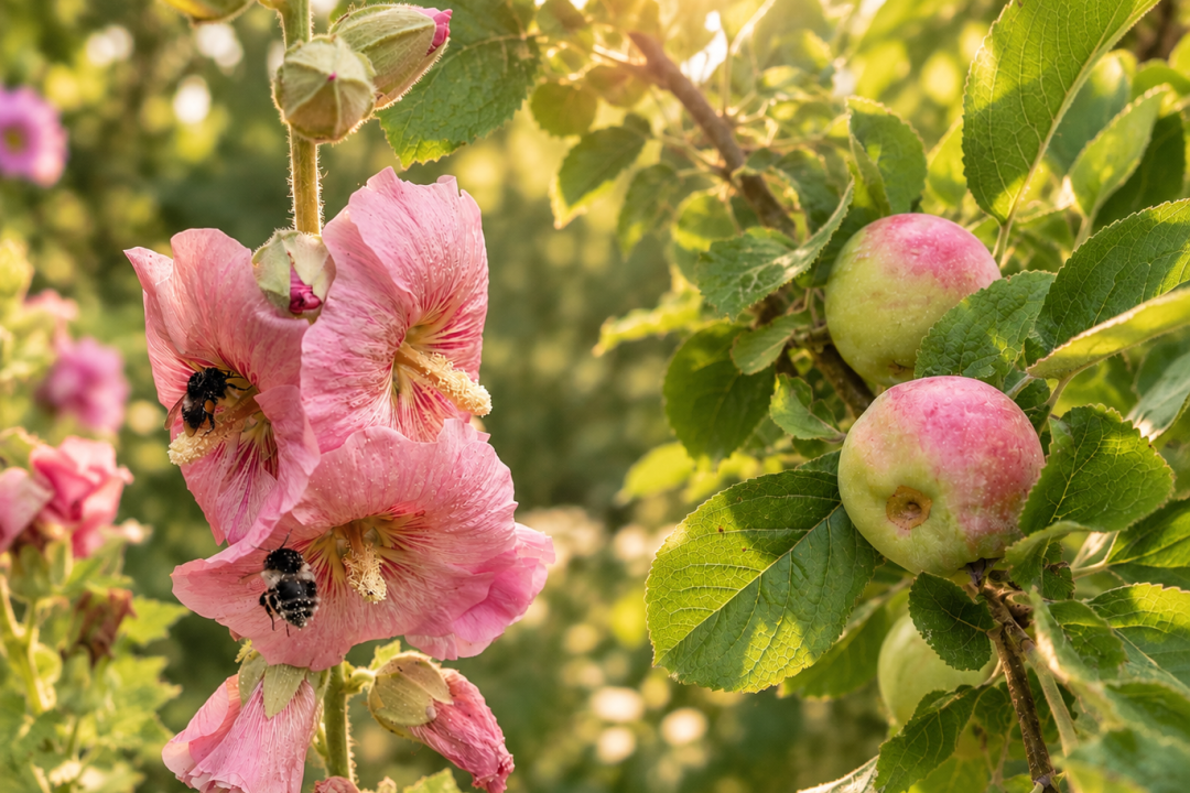 Rosa stokroser med humlebier og modnende æbler i sommerhaven.